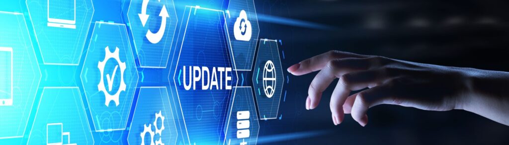 Grid showing software icons with update in the center. Regular software updates will help protect your from cyber threats.