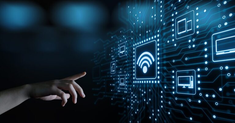 Finger pointing to wifi symbol among data streams